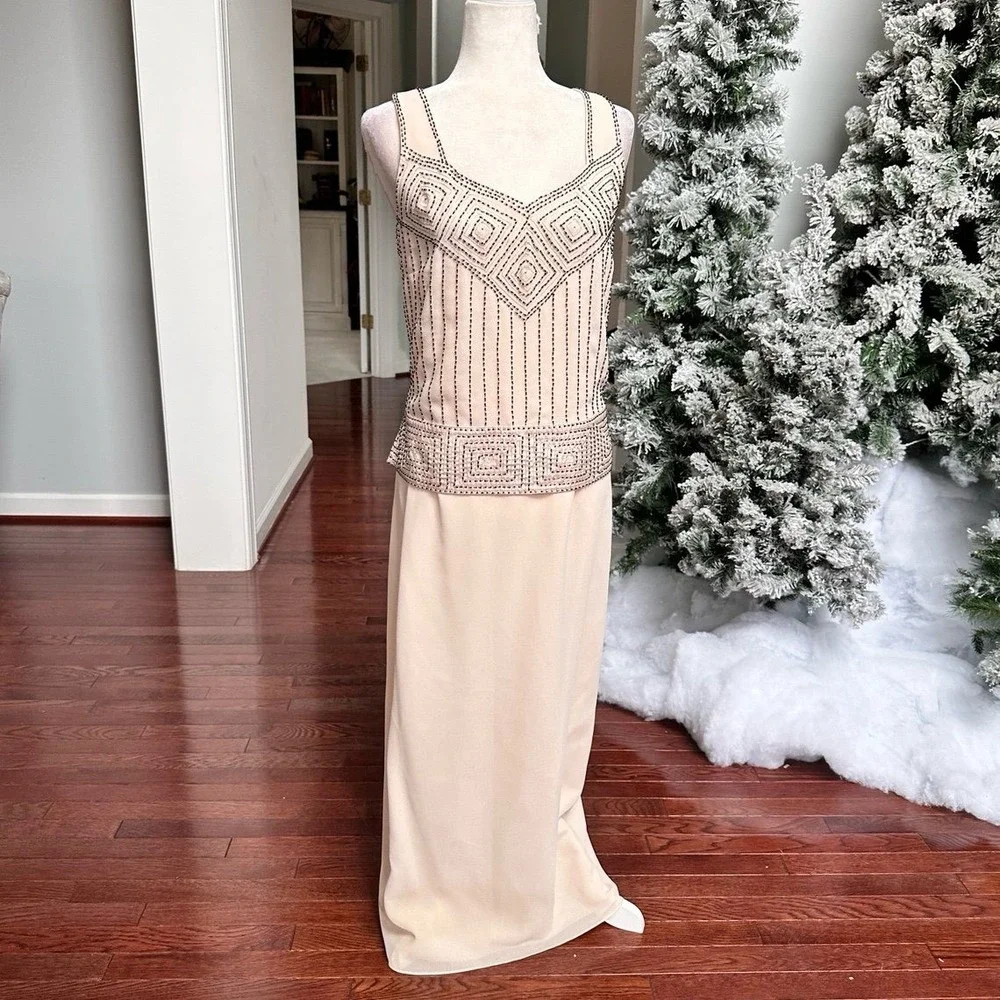 Vintage 2000s R&M Richard's Beige Beaded Embellished Formal Gown Maxi Dress - Picture 3 of 11